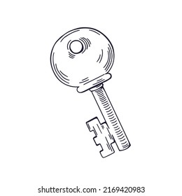 Black and white drawing of door key. Outlined woodcut engraving of isolated locking item drawn in vintage style. Retro detailed contoured etched monochrome handdrawn vector illustration