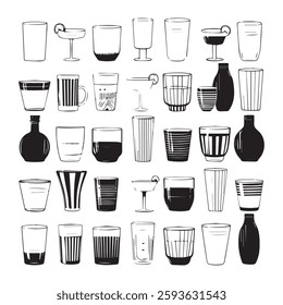A black and white drawing of a drink and a glass with a straw and a straw white background 