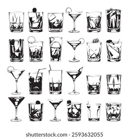 A black and white drawing of a drink and a glass with a straw and a straw white background