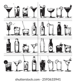 A black and white drawing of a drink and a glass with a straw and a straw white background
