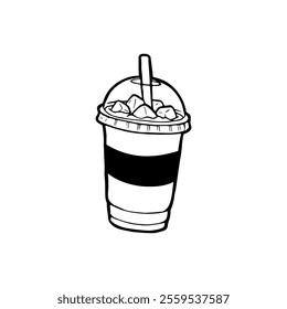 A black and white drawing of a drink with a straw