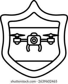 A black and white drawing of a drone with a camera on it. The drone is surrounded by a shield