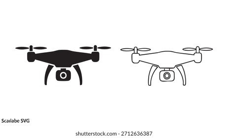 Black and white drawing of a drone with a camera attached to it