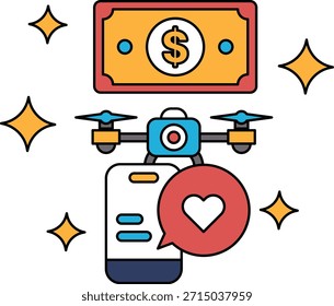 Un dibujo en blanco y negro de un dron con un teléfono celular y un billete de un dólar. El dibujo transmite la idea de la tecnología y el dinero