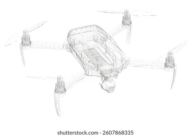 A black and white drawing of a drone with four propellers. The drone is shown in a detailed and realistic manner, with each propeller clearly visible. The drone's body is also shown in great detail