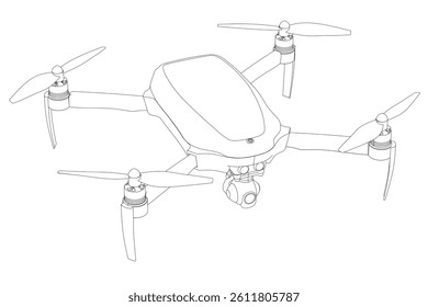 A black and white drawing of a drone. The drone is sitting on the ground with its propellers up
