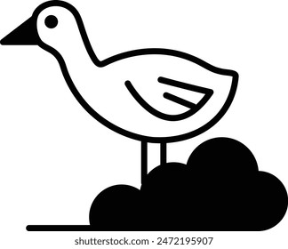 A black and white drawing of a duck standing on a pile of dirt. The duck is looking up at the camera, and the dirt is piled up around it. The image has a simple and straightforward concept