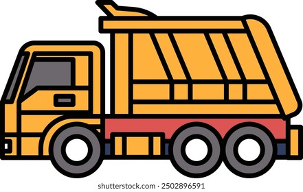 A black and white drawing of a dump truck. The truck is parked and has a large open bed