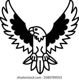 A black and white drawing of an eagle with its wings spread out. The eagle is perched on a branch with its talons outstretched. Concept of freedom and strength, as the eagle is a symbol of power