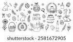A black and white drawing of Easter decorations including Easter eggs, rabbits, and flowers. The drawing is titled "Happy Easter" and is filled with various Easter symbols