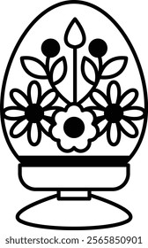 A black and white drawing of an egg with flowers on it. The flowers are arranged in a way that makes the egg look like a vase. The drawing has a simple and elegant style, with the focus on the egg