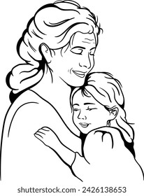 Black and white drawing of an elderly woman, a grandmother and a little girl, her granddaughter.