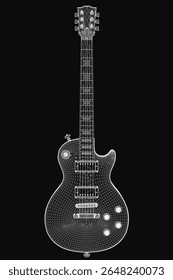 Black and white drawing of a electric guitar on a black background, featuring a sleek black body, white pickguard, and chrome bridge.