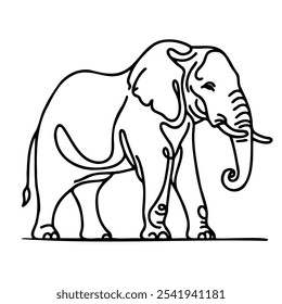 A black and white drawing of an elephant. The elephant is standing with its trunk up and looking to the right