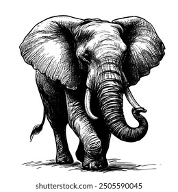 Dibujo en blanco y negro de un elefante con la trompa levantada. El elefante parece estar caminando por el campo