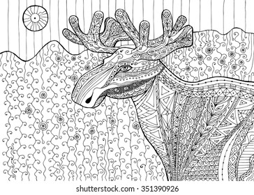 Black and white drawing elk pattern. Coloring page for adults, antistress. Ethnic patterned vector. Art therapy for adults. Doodle, coloring book, coloring pages, coloring outline, line art coloring