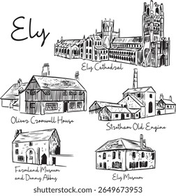 Black and white drawing of Ely landmarks: Ely Cathedral, Oliver Cromwell House, Stretham Old Engine, and museums. Ideal for heritage prints, UK travel art, and architectural illustration.