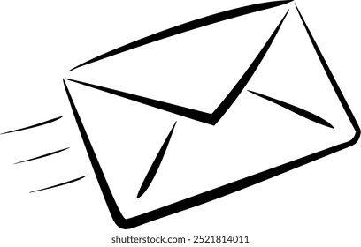 A black and white drawing of an envelope flying through the air. The envelope is the main focus of the image, and it is in motion, suggesting a sense of urgency or excitement