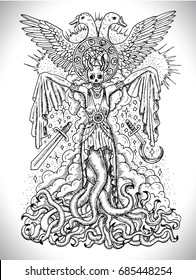 Black and white drawing with evil goddess or female demon with tentacles, skull and mystic spiritual symbols. Occult and esoteric vector illustration, tattoo concept, gothic engraved background