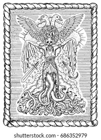 Black and white drawing with evil goddess or female demon with tentacles, skull and mystic spiritual symbols in frame. Occult and esoteric vector illustration, gothic engraved background