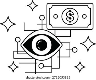 Eine schwarz-weiße Zeichnung eines Auges mit einem Dollarschein in der Mitte. Der Dollarschein ist von einem Netz von Linien und Punkten umgeben, was den Eindruck eines komplexen und komplizierten Designs vermittelt