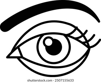 A black and white drawing of an eye with a black eyebrow. The eye is drawn with a lot of detail, including the iris and the pupil. The drawing conveys a sense of depth and realism