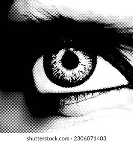 Black and white drawing of the eye, halftone dots background, fading dot effect, vector design
