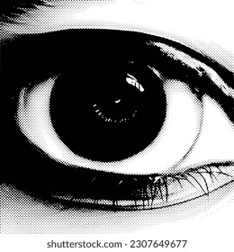 Dibujo del ojo en blanco y negro, fondo de puntos de semitono, efecto de punto atenuado, diseño vectorial