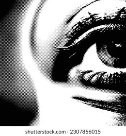 Black and white drawing of the eye, halftone dots background, fading dot effect, vector design