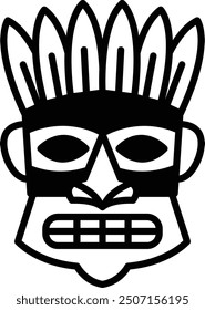 A black and white drawing of a face with a mask on it. The mask has a tribal design and the face has a menacing look