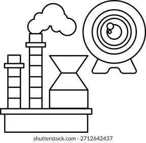 A black and white drawing of a factory with a large chimney and a small coffee pot. The coffee pot is placed on a table next to the chimney. Scene is industrial and somewhat ominous