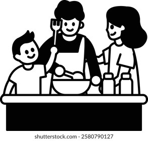 A black and white drawing of a family cooking together. The man is holding a fork and the woman is holding a spoon. The children are smiling and seem to be enjoying the cooking process