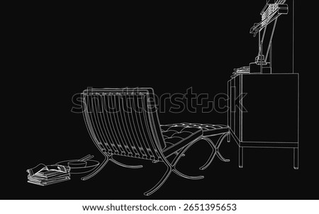 A black and white drawing features an armchair and table in a dimly lit room. Books and various objects rest on the table, adding detail to the scene. The dark background enhances the contrast.