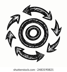 A black and white drawing featuring arrows pointing in a circular direction