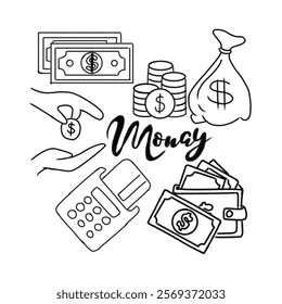 Black and white drawing featuring monetary elements such as coins, bills, wallets, and calculators representing financial transactions and economic themes.