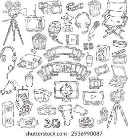 Black and white drawing of a film camera and cinema elements set