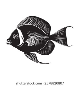 A black and white drawing of a fish with a mouth open