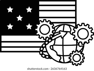 A black and white drawing of a flag with stars and a globe with gears. The flag is the United States and the globe is the world. The gears on the globe represent the interconnectedness of the world