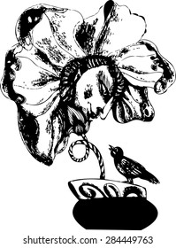 black and white drawing of flower and bird