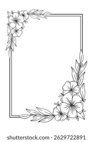 Black and white drawing of a flower frame with a flower in the middle. The flower is surrounded by leaves