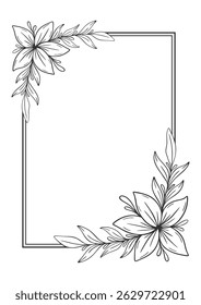 Black and white drawing of a flower frame with a flower in the middle. The flower is surrounded by leaves