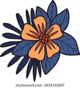 Dibujo en blanco y negro de una flor con una hoja. La flor es Pequeña y tiene un centro blanco. El dibujo tiene un estilo sencillo y elegante