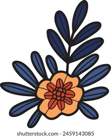 A black and white drawing of a flower with a leaf. The flower is small and has a white center. The drawing has a simple and elegant style