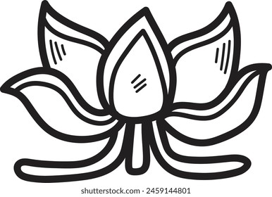 A black and white drawing of a flower with a stem. The flower is large and has a lot of detail. The drawing has a very simple and elegant style