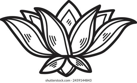 A black and white drawing of a flower with a stem. The flower is large and has a lot of detail. The drawing has a very simple and elegant style