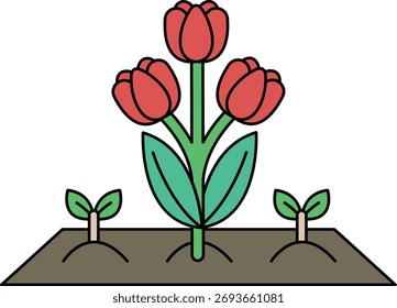 Um desenho preto e branco de uma flor com três pétalas e uma folha verde. A flor é cercada por terra e tem uma planta pequena crescendo fora dela. Conceito de crescimento e vida
