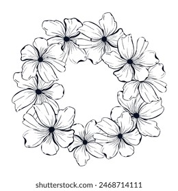 A black and white drawing of a flower wreath with a white background. The flowers are drawn in a stylized way, with each petal and stem carefully outlined