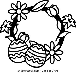 A black and white drawing of a flower wreath with two eggs in the center. The eggs are surrounded by flowers and leaves, creating a festive and cheerful atmosphere