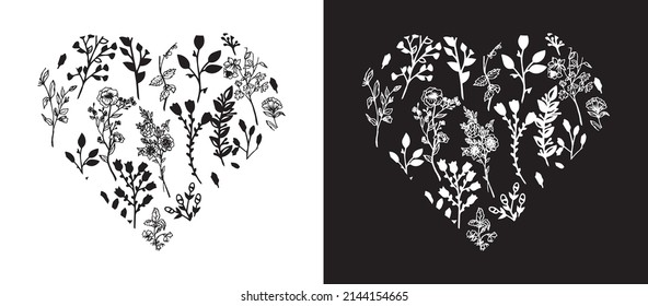 Black and white drawing of flowers in the shape of a heart. Vector elements. Print for clothes and other things.