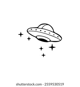 A black and white drawing of a flying saucer